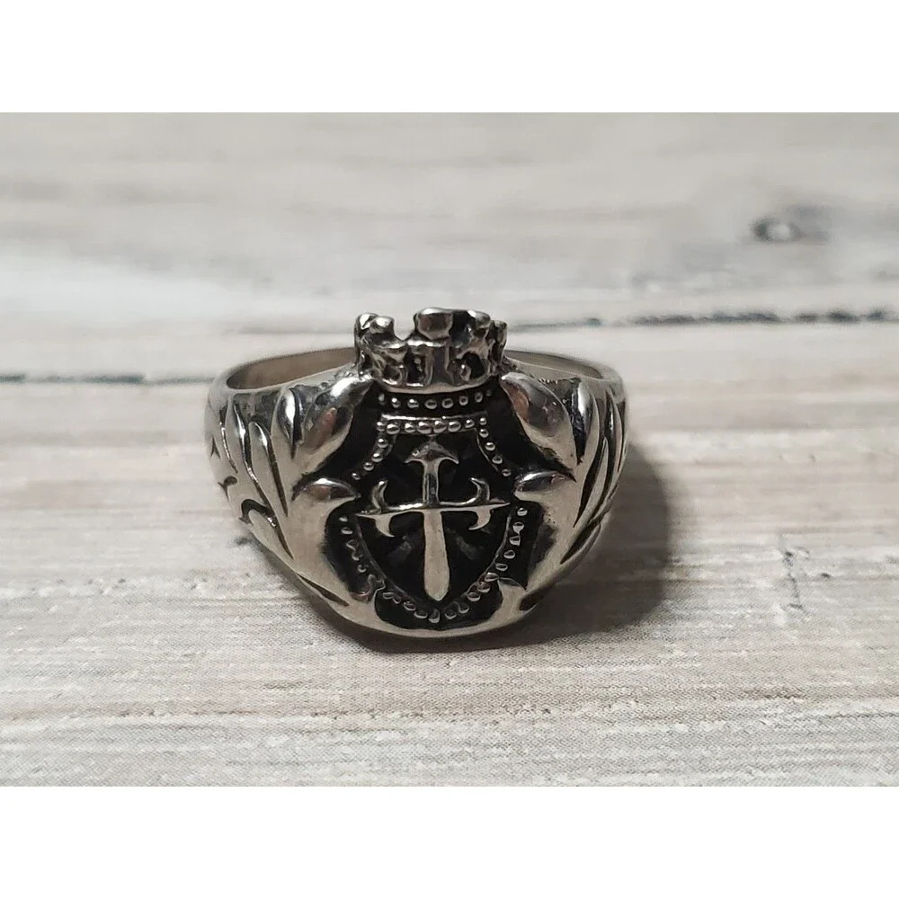Vintage Medieval Heraldic Signet Ring 316L Stainless Steel Crown Cross Shield